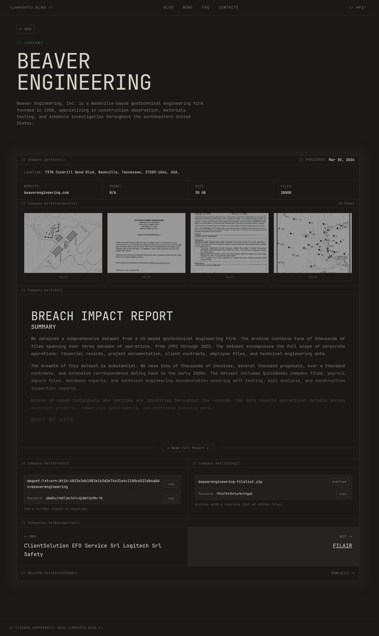 Screenshot of Beaver Engineering leak page